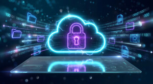 Illustration of secure cloud computing for healthcare featuring a glowing cloud with a digital padlock, protected patient data files, binary code, and cybersecurity graphics representing HIPAA-compliant cloud security for medical and dental practices.