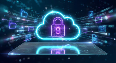 Illustration of secure cloud computing for healthcare featuring a glowing cloud with a digital padlock, protected patient data files, binary code, and cybersecurity graphics representing HIPAA-compliant cloud security for medical and dental practices.