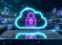 Illustration of secure cloud computing for healthcare featuring a glowing cloud with a digital padlock, protected patient data files, binary code, and cybersecurity graphics representing HIPAA-compliant cloud security for medical and dental practices.